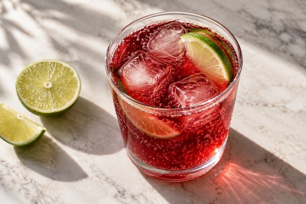Granatapfel-Limetten-Spritz: Fertiges Getränk aus einer alternativen Perspektive.