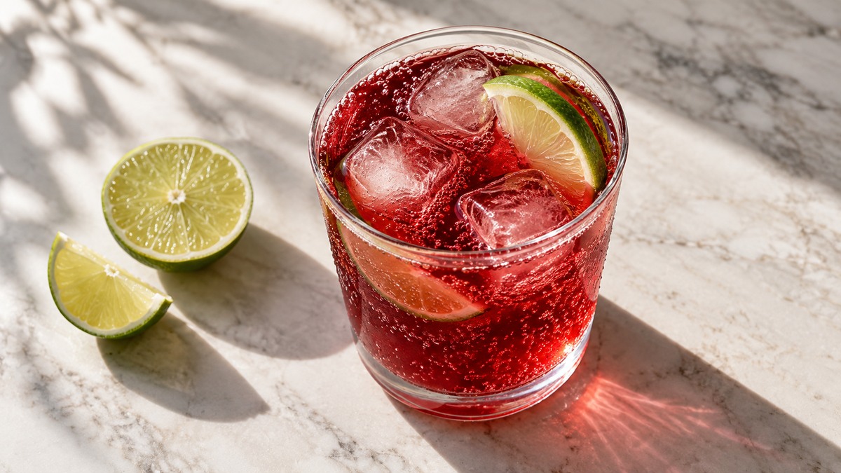 Granatapfel-Limetten-Spritz: Fertiges Getränk aus einer alternativen Perspektive.