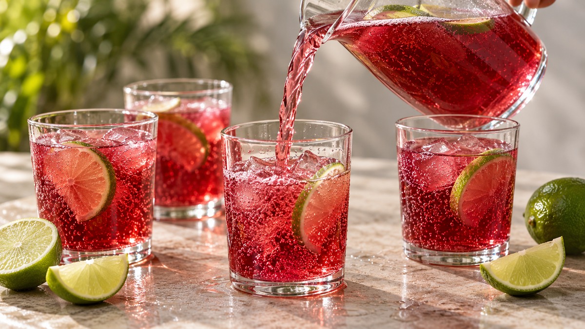 Granatapfel-Limetten-Spritz: Alternative Anrichtung oder aktive Servierszene.