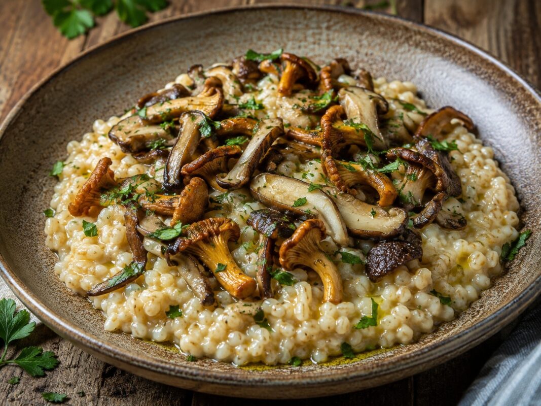 Cremiges Graupenrisotto mit sichtbar eingekochten Graupen, gebratenen Waldpilzen und frischen Kräutern.