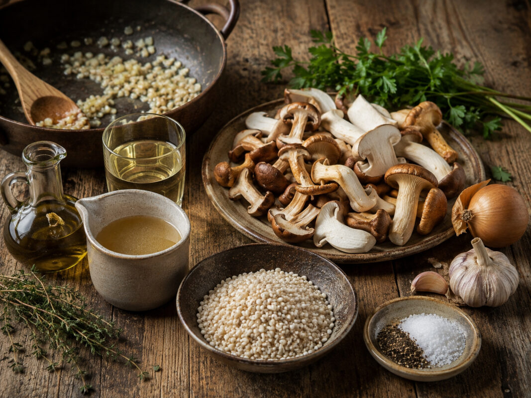 Zutaten- und Vorbereitungsansicht mit Perlgraupen, gemischten Waldpilzen, Zwiebel, Knoblauch, Olivenöl, Gemüsebrühe, Weißwein und frischen Kräutern.