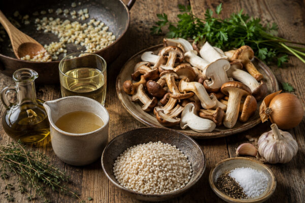 Zutaten- und Vorbereitungsansicht mit Perlgraupen, gemischten Waldpilzen, Zwiebel, Knoblauch, Olivenöl, Gemüsebrühe, Weißwein und frischen Kräutern.