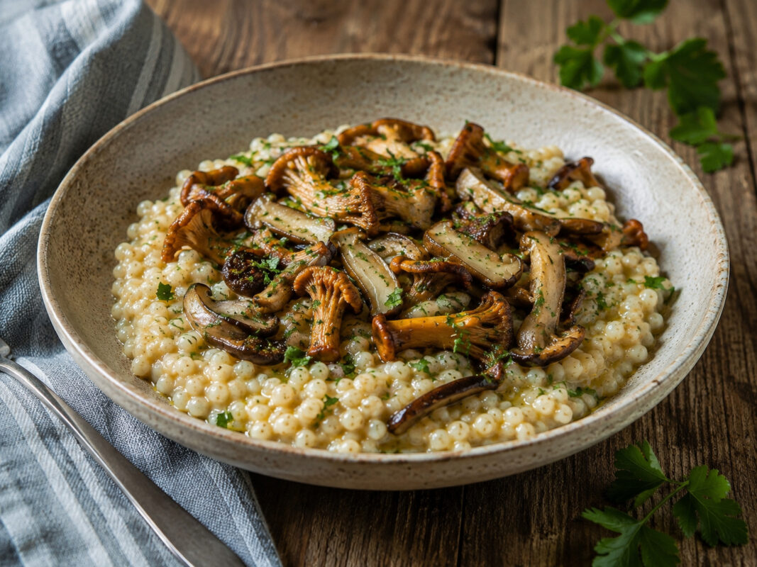 Fertiges Graupenrisotto aus anderer Perspektive: cremige Perlgraupen mit gebratenen Waldpilzen und Kräutern appetitlich angerichtet.