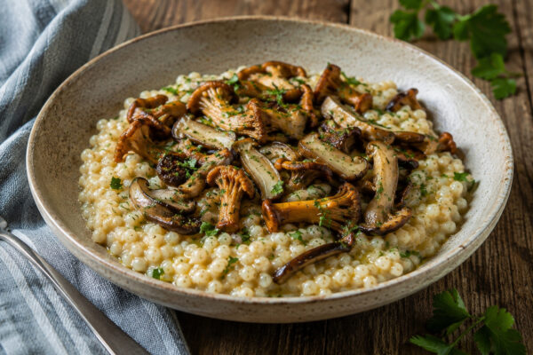 Fertiges Graupenrisotto aus anderer Perspektive: cremige Perlgraupen mit gebratenen Waldpilzen und Kräutern appetitlich angerichtet.