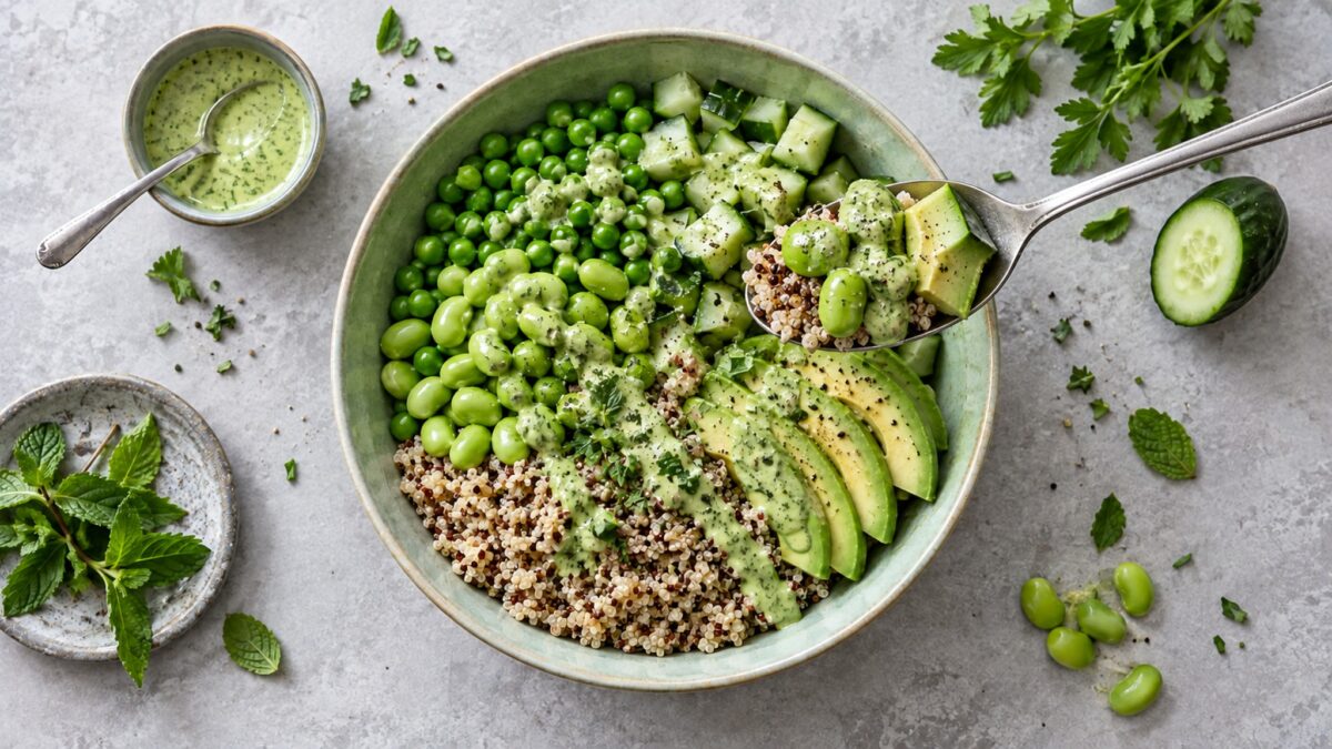 Green-Goddess-Bowl mit Quinoa und Edamame