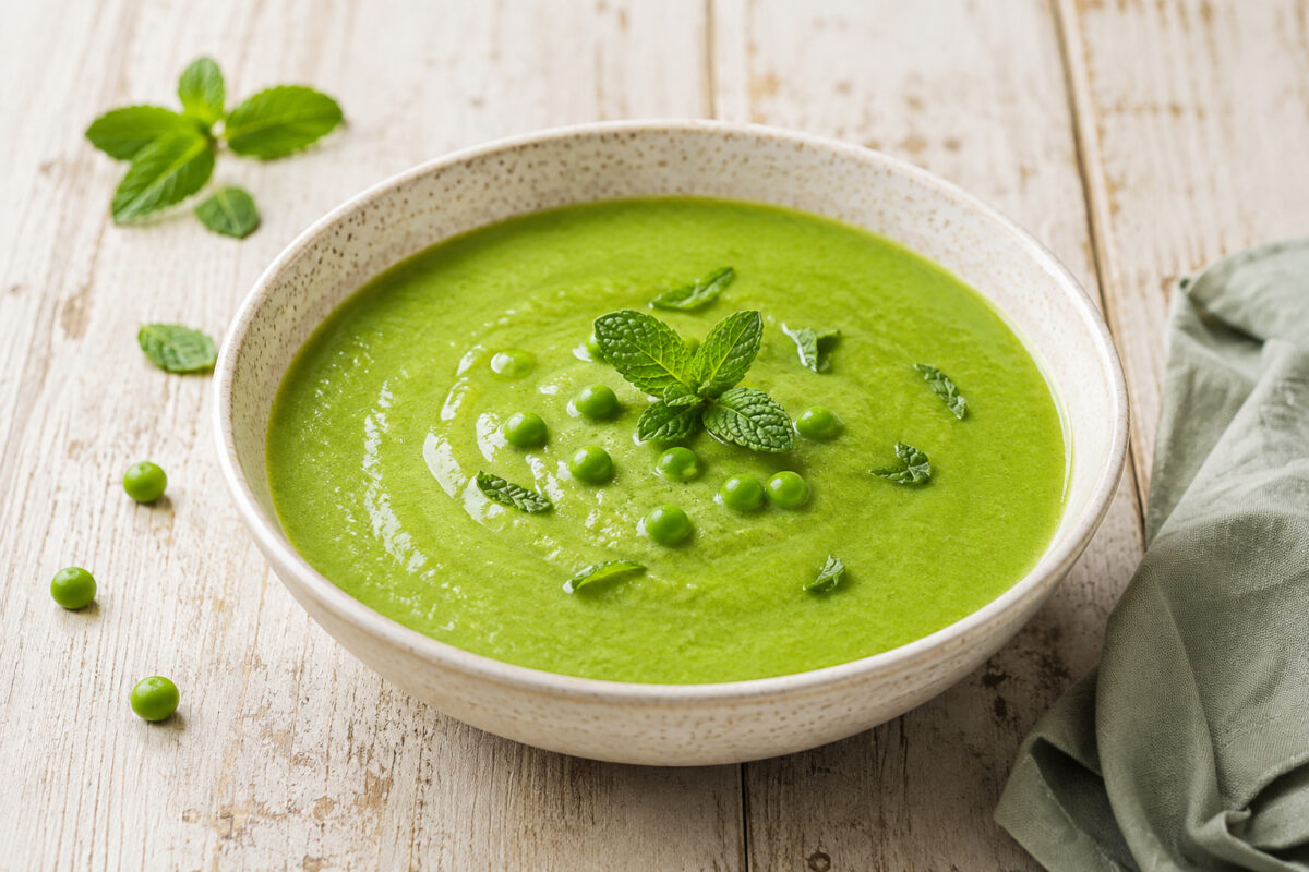 Leuchtend grüne, fein pürierte Erbsensuppe mit frischer Minze und einzelnen Erbsen in einer hellen, leicht gesprenkelten Keramikschüssel; Hauptansicht auf heller rustikaler Holzfläche.