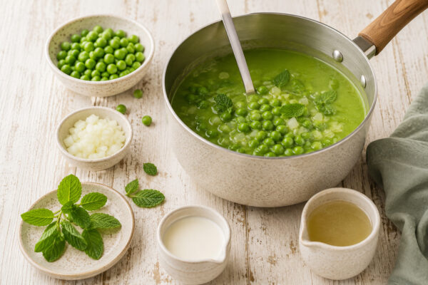 Vorbereitungsansicht mit Erbsen, gewürfelter Zwiebel, frischer Minze, Gemüsebrühe, pflanzlicher Kochcreme und einem Topf mit der Suppe im Zubereitungszustand.