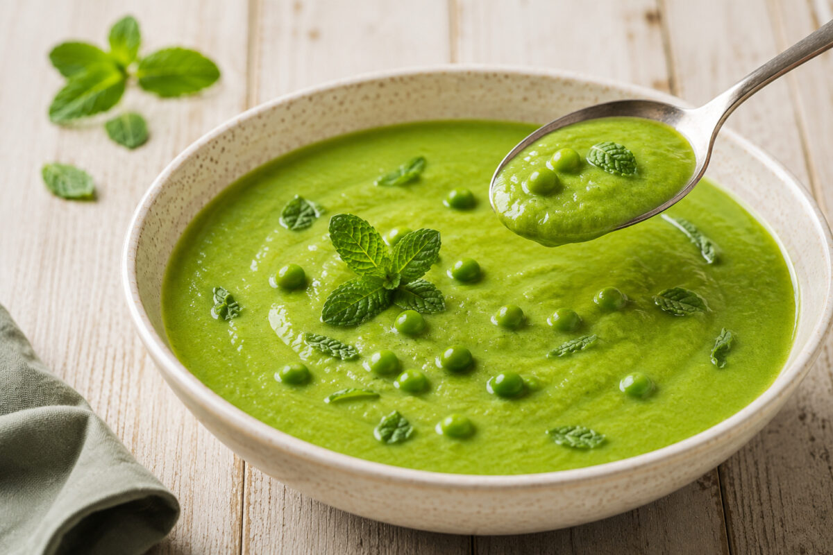 Detail- und Servierszene der fertigen Erbsensuppe mit angehobenem Löffel, sichtbarer cremiger Konsistenz, Erbsen und Minze.