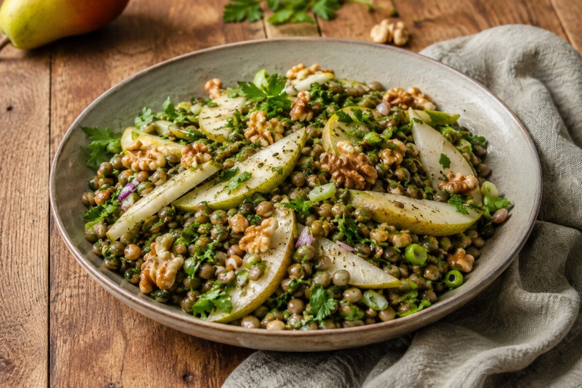 Große flache Schale mit grünem Linsensalat, Birnenspalten, Walnusskernen und Kräutern.
