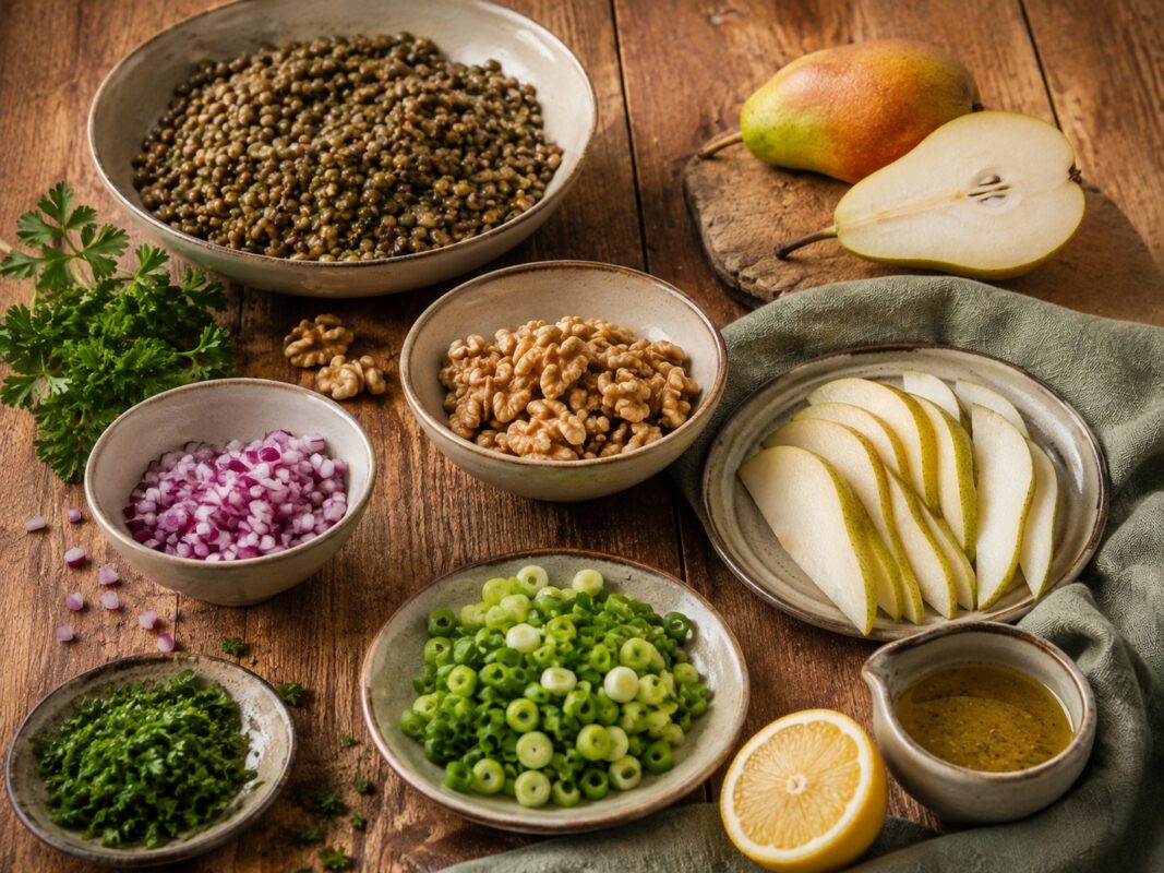 Zutaten- und Vorbereitungsansicht mit gekochten grünen Linsen, Birnen, Walnüssen, Kräutern, Zwiebel und Zitronen-Dressing im gleichen rustikalen Stil.