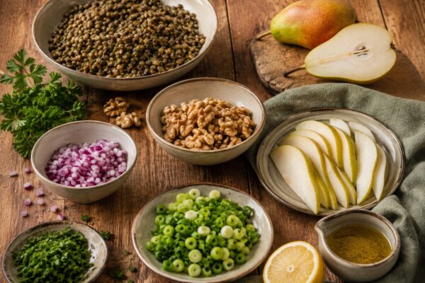 Zutaten- und Vorbereitungsansicht mit gekochten grünen Linsen, Birnen, Walnüssen, Kräutern, Zwiebel und Zitronen-Dressing im gleichen rustikalen Stil.