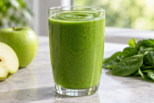 Grüner Apfel-Spinat-Smoothie: Fertiges Getränk als zentrales Hauptmotiv.