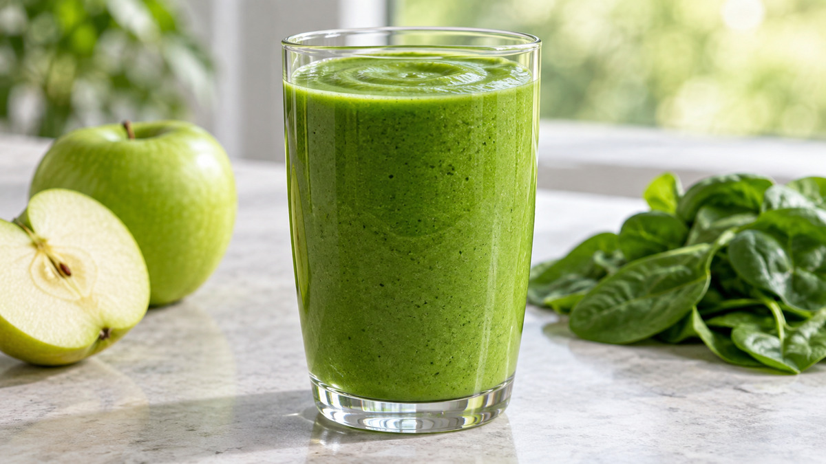 Grüner Apfel-Spinat-Smoothie: Fertiges Getränk als zentrales Hauptmotiv.