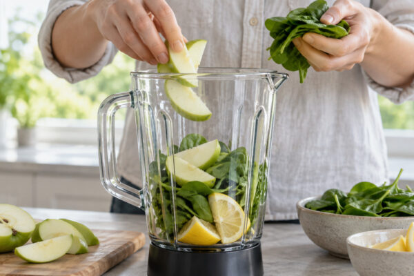 Grüner Apfel-Spinat-Smoothie: Verwendete Zutaten und nachvollziehbare Vorbereitung.