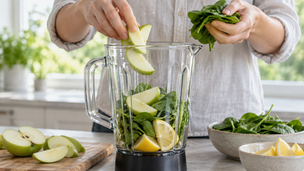 Grüner Apfel-Spinat-Smoothie: Verwendete Zutaten und nachvollziehbare Vorbereitung.