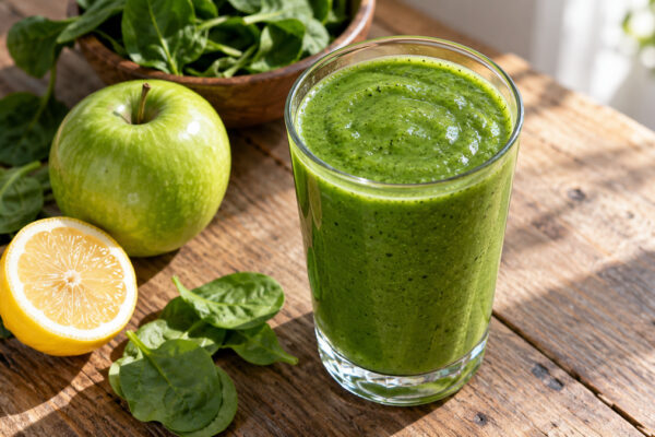 Grüner Apfel-Spinat-Smoothie: Fertiges Getränk aus einer alternativen Perspektive.