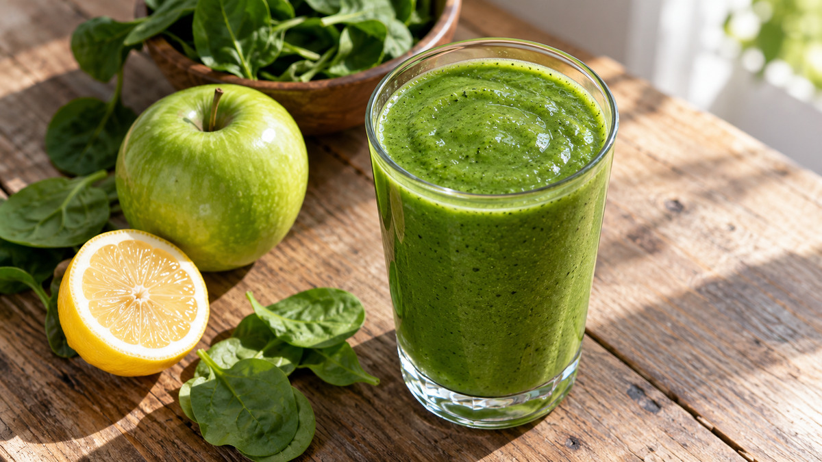 Grüner Apfel-Spinat-Smoothie: Fertiges Getränk aus einer alternativen Perspektive.