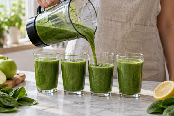Grüner Apfel-Spinat-Smoothie: Alternative Anrichtung oder aktive Servierszene.