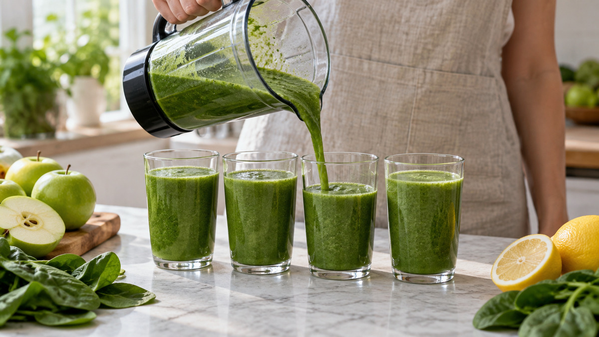 Grüner Apfel-Spinat-Smoothie: Alternative Anrichtung oder aktive Servierszene.