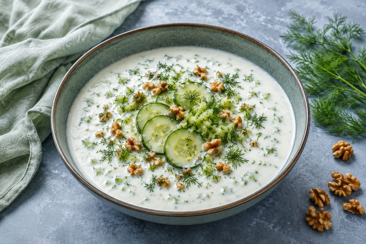 Kalte Gurken-Joghurt-Suppe mit Gurkenscheiben, frischem Dill und gehackten Walnüssen in einer Keramikschale.