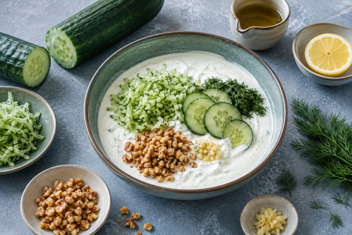 Vorbereitung für Gurken-Joghurt-Suppe mit Joghurt, geriebener und geschnittener Gurke, Dill, Walnüssen, Knoblauch, Zitrone und Öl.