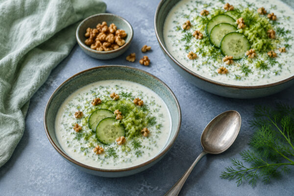 Servierszene mit zwei Schalen Gurken-Joghurt-Suppe, garniert mit Gurke, Dill und Walnüssen, daneben ein Löffel.