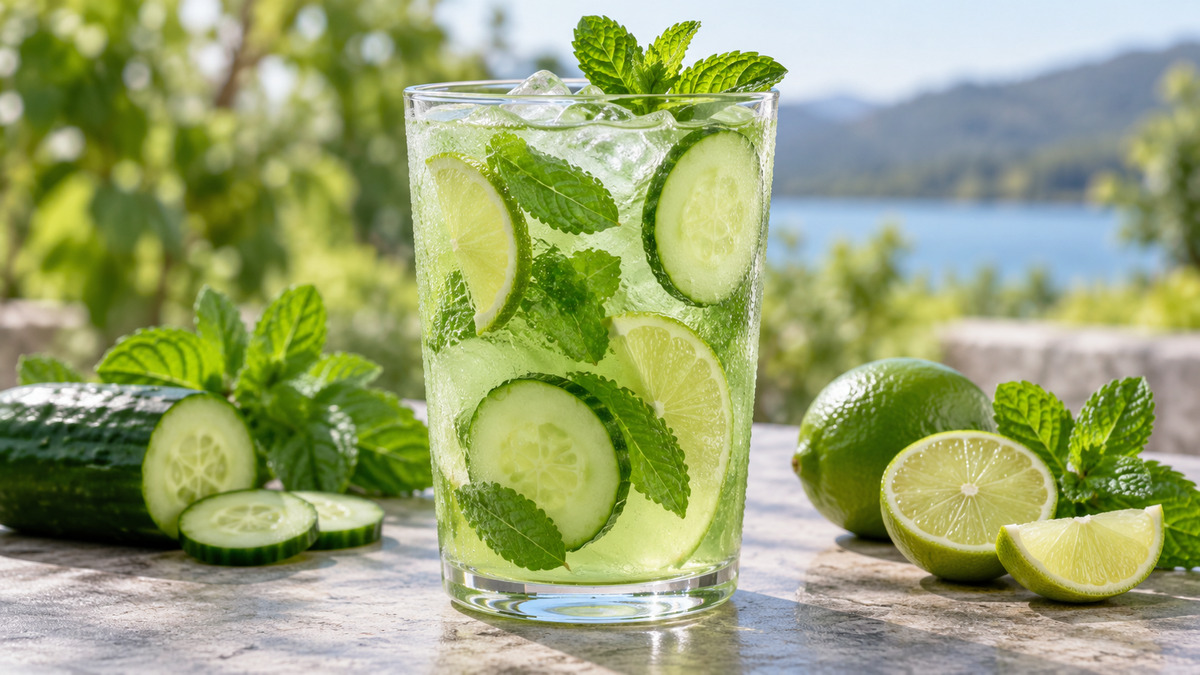 Gurken-Limetten-Drink: Fertiges Getränk als zentrales Hauptmotiv.