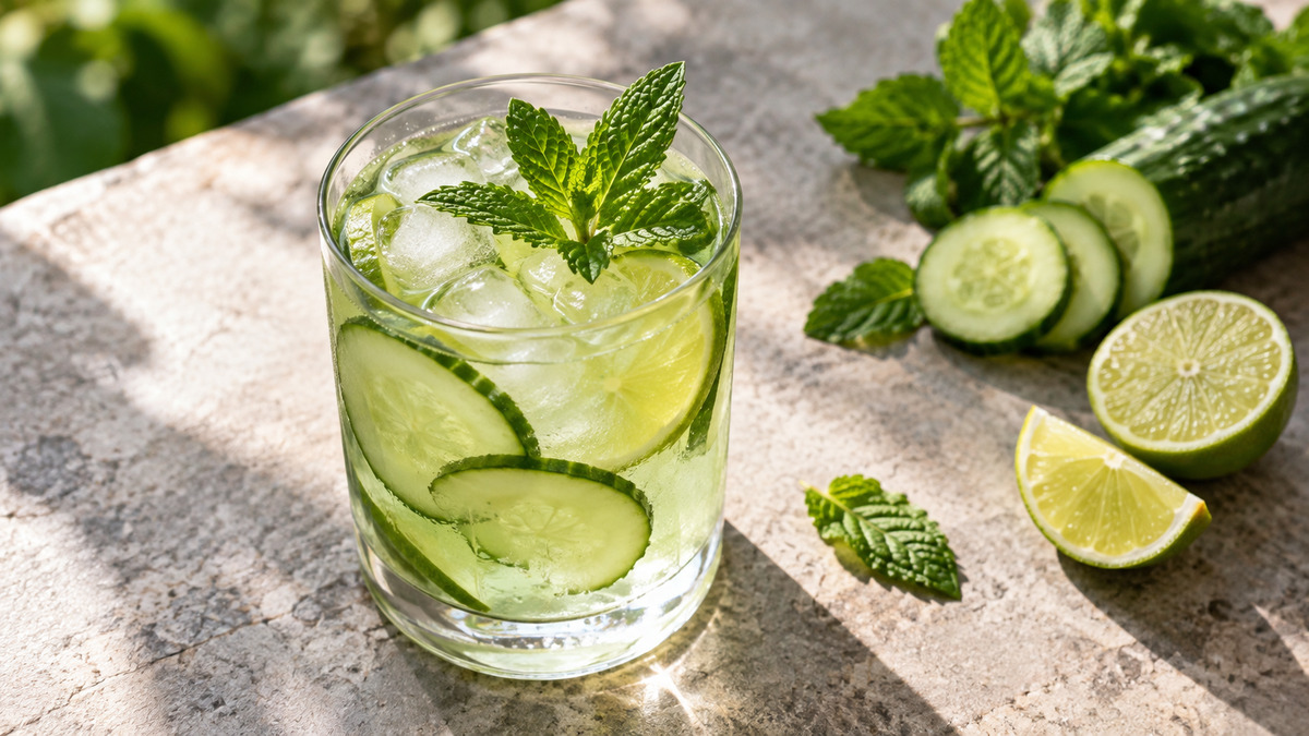Gurken-Limetten-Drink: Fertiges Getränk aus einer alternativen Perspektive.