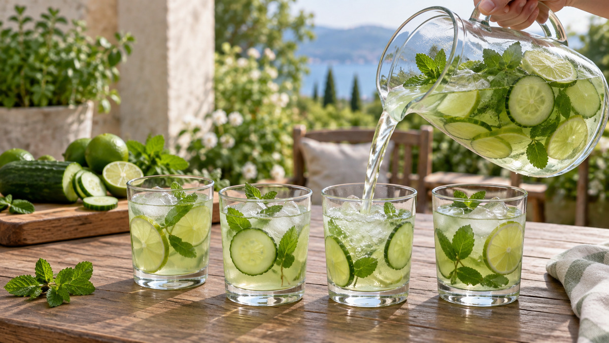 Gurken-Limetten-Drink: Alternative Anrichtung oder aktive Servierszene.