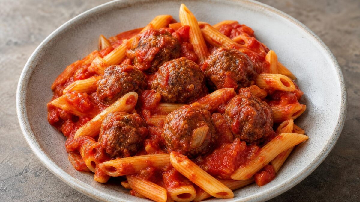 Hauptansicht des fertigen Gerichts. Rezept: Hackbällchen in Tomatensauce mit Pasta
