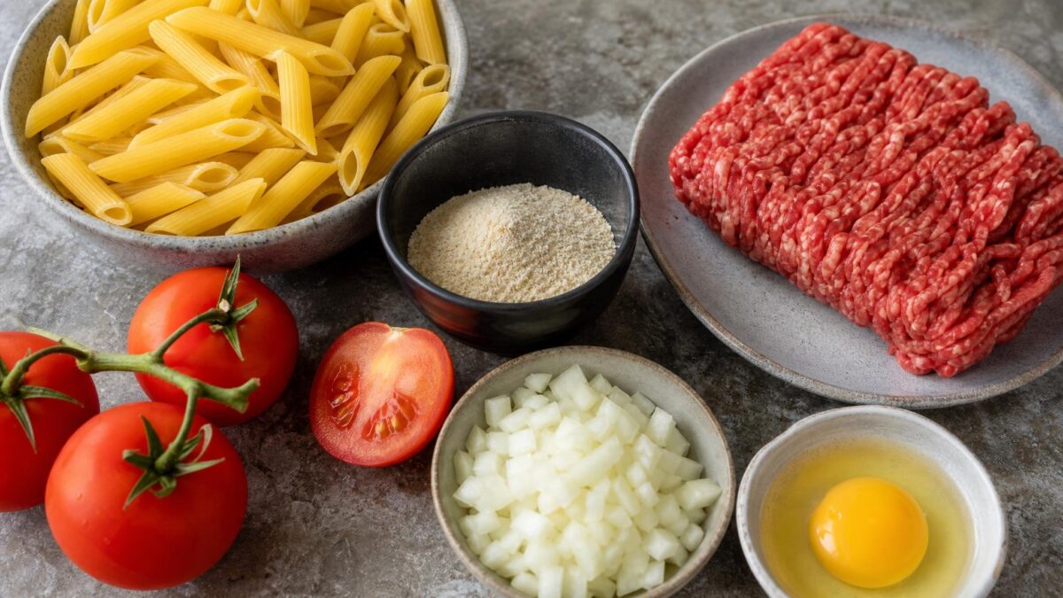 Zutaten- und Vorbereitungsansicht. Rezept: Hackbällchen in Tomatensauce mit Pasta