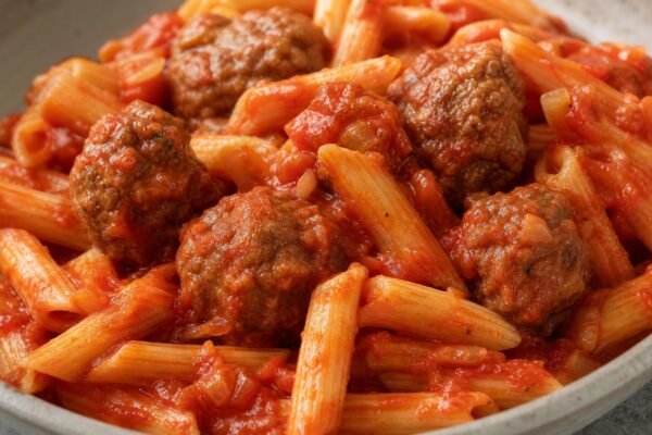 Fertiges Gericht aus einer alternativen Perspektive. Rezept: Hackbällchen in Tomatensauce mit Pasta
