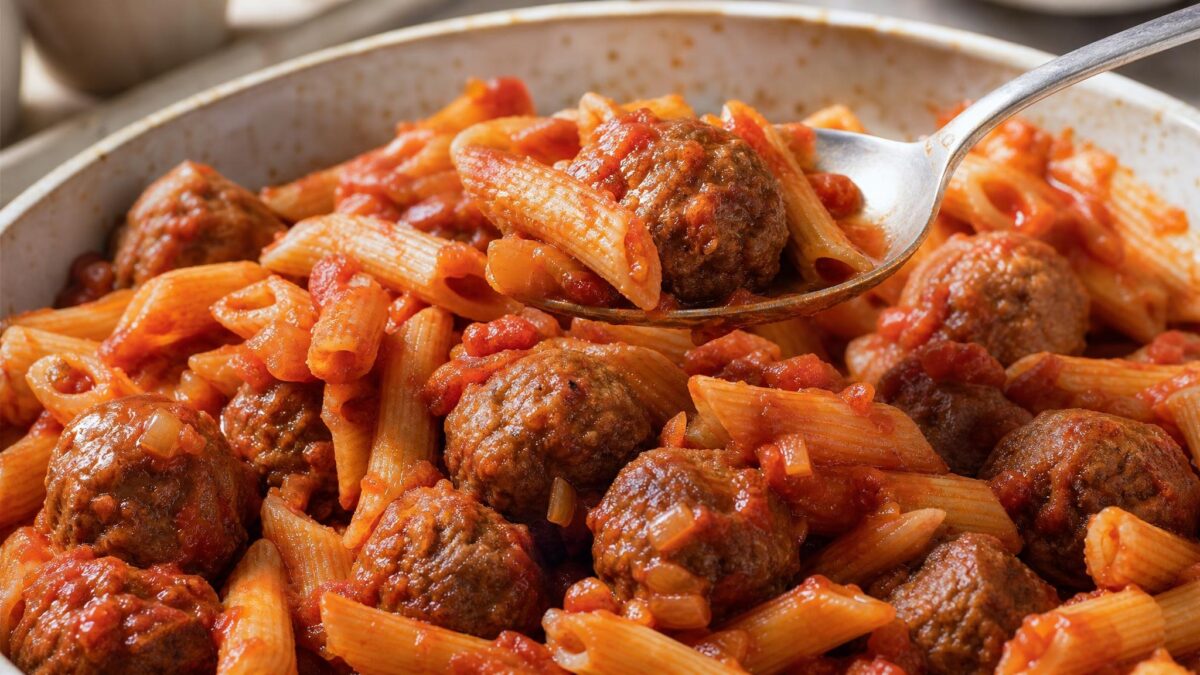 Servierszene mit dem fertigen Gericht. Rezept: Hackbällchen in Tomatensauce mit Pasta