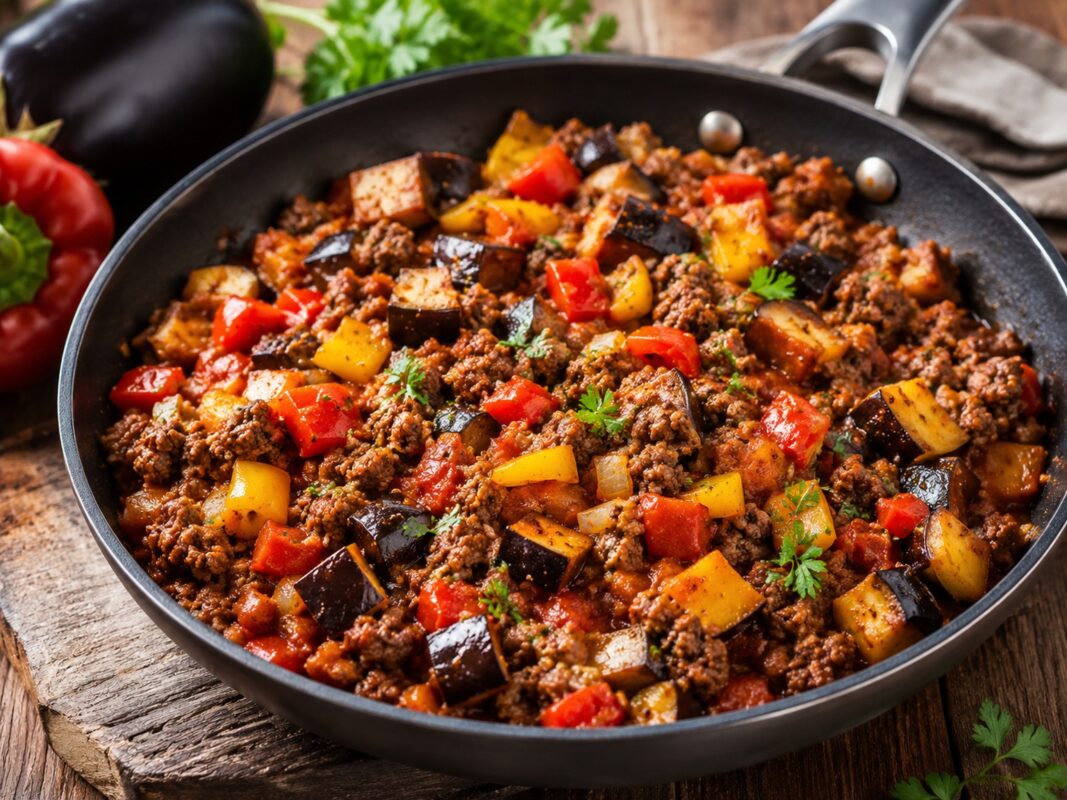 Rustikale Pfanne mit gebratenem Rinderhack, Auberginenwürfeln, roten und gelben Paprikastücken und Tomatensauce.