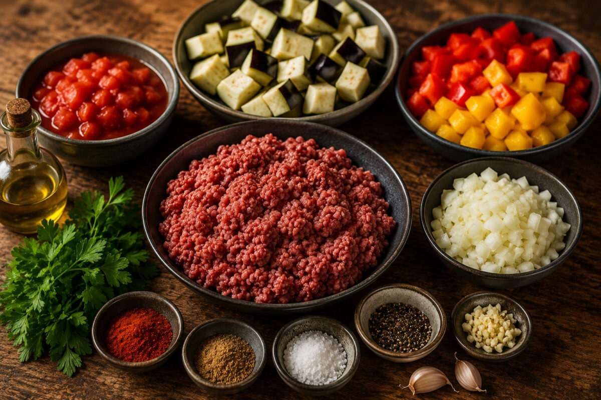 Mise-en-place mit Rinderhackfleisch, Aubergine, roter und gelber Paprika, stückigen Tomaten, Zwiebel, Knoblauch, Petersilie, Olivenöl und Gewürzen.