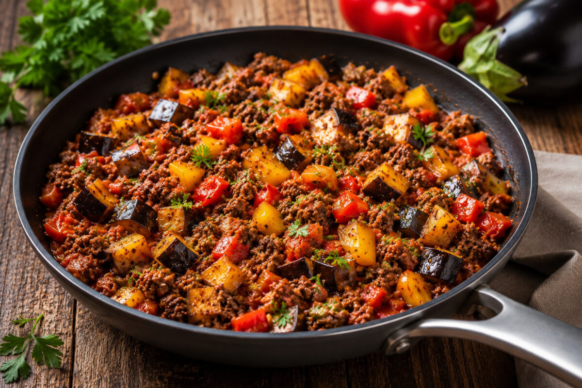 Fertige Hackfleischpfanne mit Aubergine, roter und gelber Paprika und Tomatensauce in schwarzer Pfanne aus anderer Perspektive.