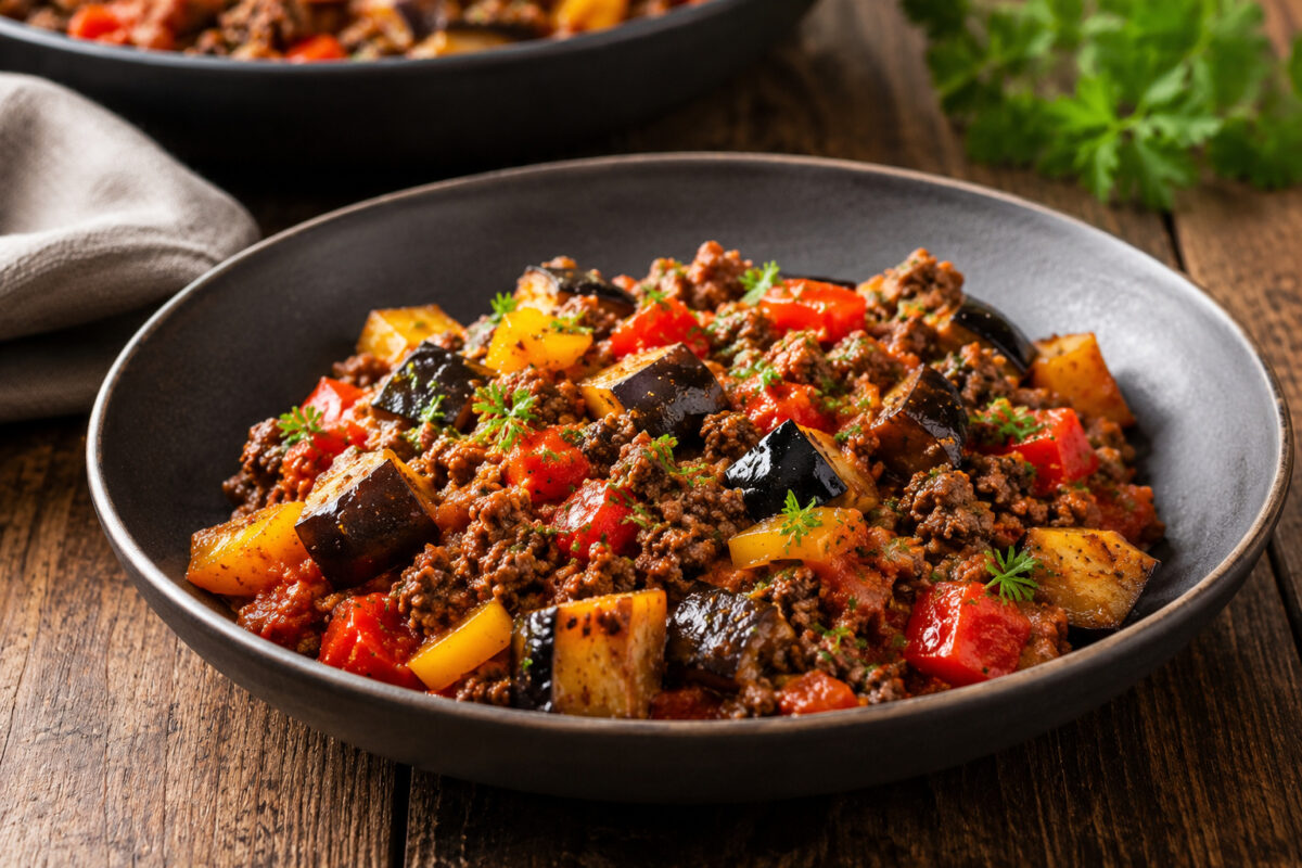 Angerichtete Portion der Hackfleischpfanne mit Aubergine und Paprika in dunkler Schale als eigenständige Servier- und Detailansicht.