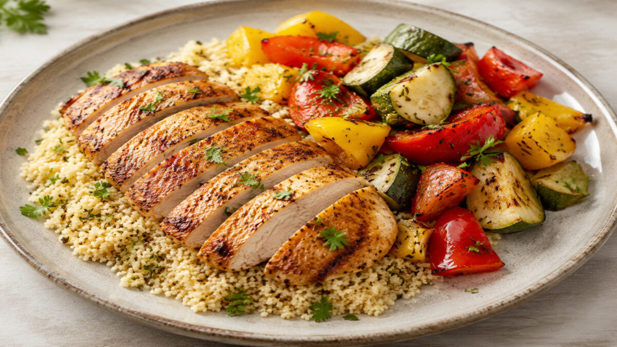 Hauptansicht des fertigen Gerichts: Hähnchenbrustfilet, Couscous und Paprika und Zucchini als komponierter Teller; die Komponenten dürfen sich leicht berühren, müssen aber einzeln deutlich erkennbar bleiben. Keine Bowl und keine homogene One-Pot-Mischung…