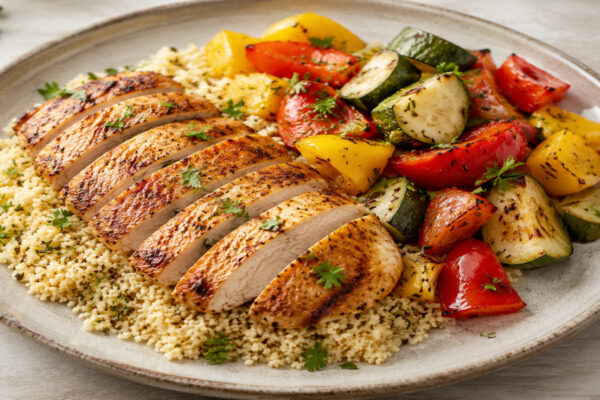 Hähnchen auf Couscous mit geröstetem Gemüse
