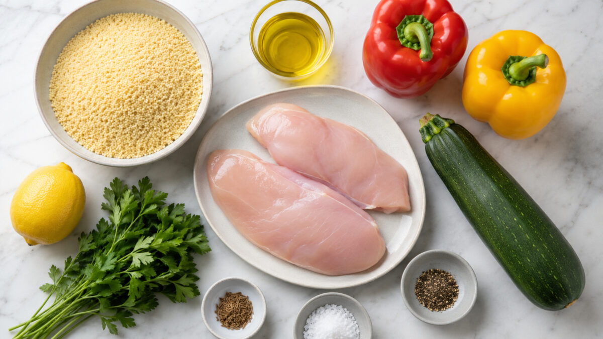 Übersicht aller Zutaten für „Hähnchen auf Couscous mit geröstetem Gemüse“ auf heller Arbeitsfläche, sauber gruppiert, ohne Verpackungsschrift und ohne fertiges Gericht.