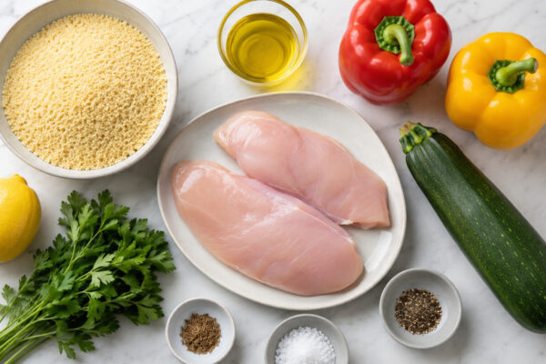 Übersicht aller Zutaten für „Hähnchen auf Couscous mit geröstetem Gemüse“ auf heller Arbeitsfläche, sauber gruppiert, ohne Verpackungsschrift und ohne fertiges Gericht.