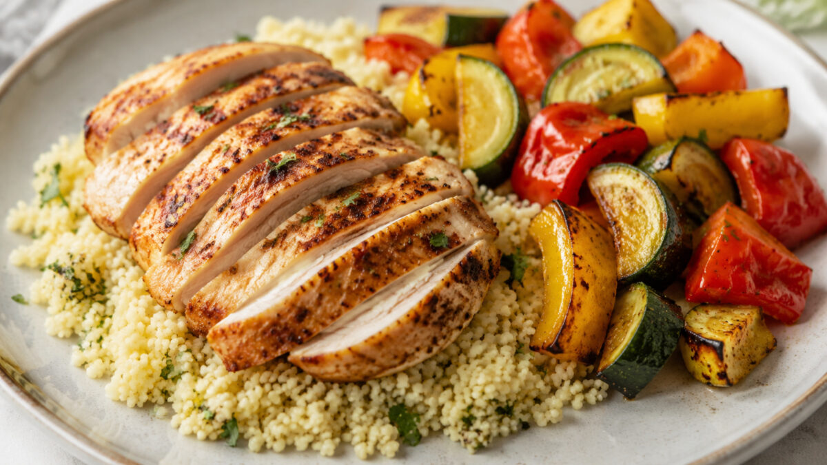 Alternative Perspektive des fertigen Gerichts: Hähnchenbrustfilet, Couscous und Paprika und Zucchini als komponierter Teller; die Komponenten dürfen sich leicht berühren, müssen aber einzeln deutlich erkennbar bleiben. Keine Bowl und keine homogene One-P…