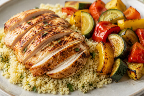 Alternative Perspektive des fertigen Gerichts: Hähnchenbrustfilet, Couscous und Paprika und Zucchini als komponierter Teller; die Komponenten dürfen sich leicht berühren, müssen aber einzeln deutlich erkennbar bleiben. Keine Bowl und keine homogene One-P…