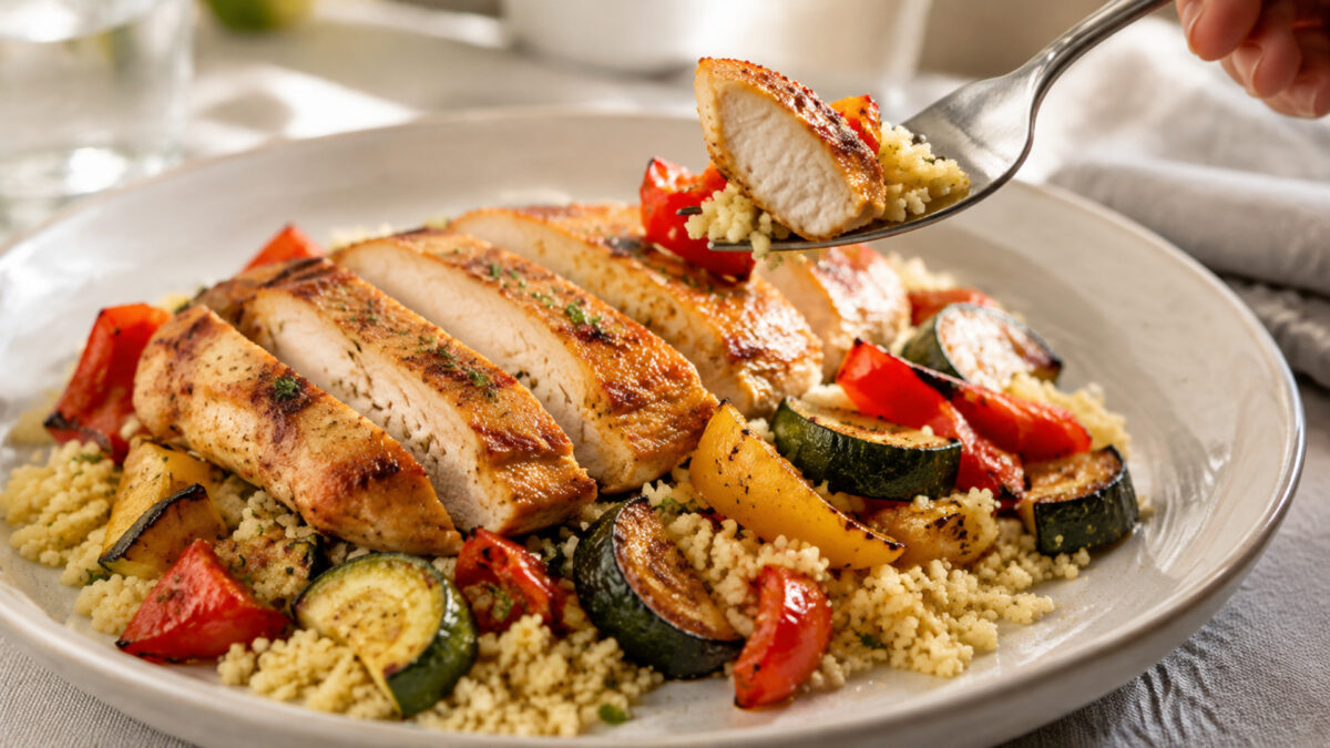 Lebendige Servierszene für „Hähnchen auf Couscous mit geröstetem Gemüse“: eine Gabel oder ein Besteckteil nimmt gerade eine Portion auf; Hähnchenbrustfilet, Couscous und Paprika und Zucchini bleiben trotzdem klar erkennbar.