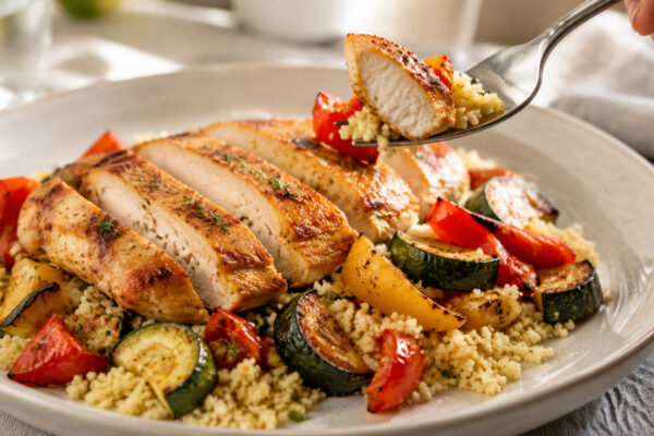Lebendige Servierszene für „Hähnchen auf Couscous mit geröstetem Gemüse“: eine Gabel oder ein Besteckteil nimmt gerade eine Portion auf; Hähnchenbrustfilet, Couscous und Paprika und Zucchini bleiben trotzdem klar erkennbar.