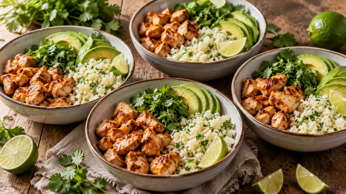 Hähnchen-Avocado-Bowl mit Limetten-Blumenkohlreis