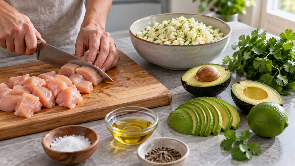 Hähnchen-Avocado-Bowl mit Limetten-Blumenkohlreis