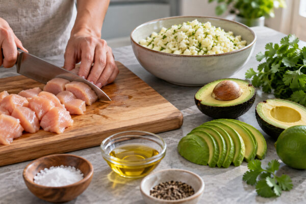 Hähnchen-Avocado-Bowl mit Limetten-Blumenkohlreis