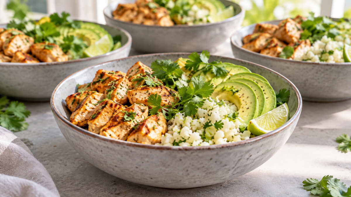 Hähnchen-Avocado-Bowl mit Limetten-Blumenkohlreis