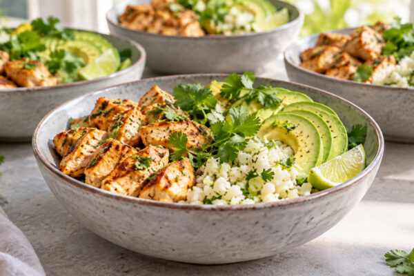 Hähnchen-Avocado-Bowl mit Limetten-Blumenkohlreis